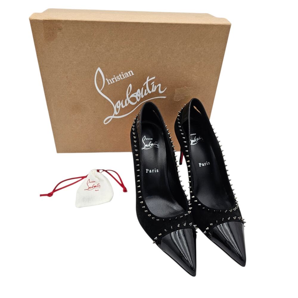 Christian Louboutin Duvette Spikes 85 Heel Pump Black Suede Patent Size 38 US 8 - Picture 2 of 14